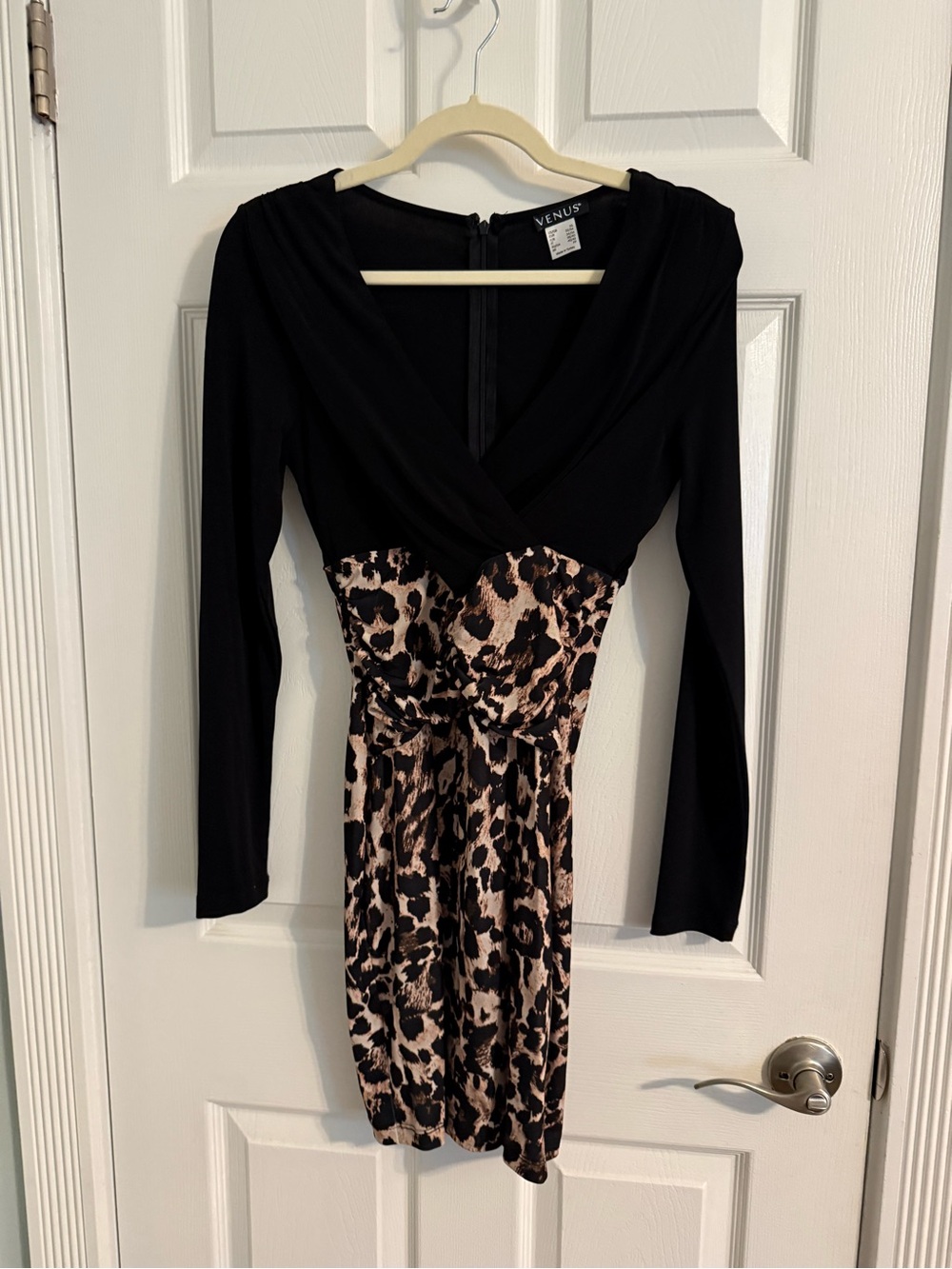VENUS Black Dress with Leopard Print Skirt Long-Sleeve